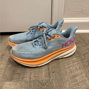 Hoka Clifton Sky Blue and Tangerine Athletic Shoes